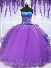 Purple Strapless Lace Up Embroidery and Ruffles Sweet 16 Dresses Sleeveless