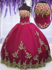 Fashion Sleeveless Tulle Floor Length Zipper Quinceanera Dresses in Fuchsia for with Appliques