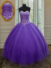 Captivating Eggplant Purple Sweetheart Neckline Beading 15th Birthday Dress Sleeveless Lace Up