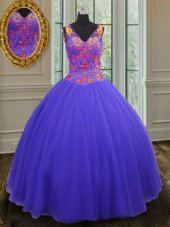 Glittering Blue Ball Gowns Tulle V-neck Sleeveless Beading Floor Length Zipper Quinceanera Gowns
