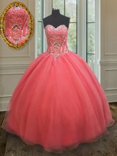 Classical Beading 15 Quinceanera Dress Watermelon Red Lace Up Sleeveless Floor Length
