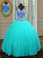 Aqua Blue V-neck Zipper Beading Sweet 16 Quinceanera Dress Sleeveless