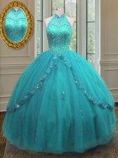 Tulle High-neck Sleeveless Lace Up Beading and Appliques 15 Quinceanera Dress in Aqua Blue