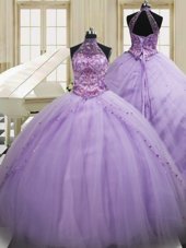 Halter Top Tulle Sleeveless Sweet 16 Dress Sweep Train and Beading and Embroidery