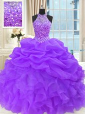High End Purple Quinceanera Dresses Military Ball and Sweet 16 and Quinceanera and For with Beading and Pick Ups High-neck Sleeveless Lace Up