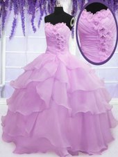Lilac Sweetheart Neckline Beading and Ruffled Layers and Hand Made Flower Ball Gown Prom Dress Sleeveless Lace Up