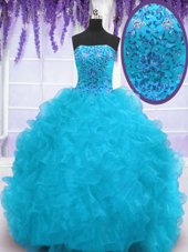 Aqua Blue Ball Gowns Organza Strapless Sleeveless Beading and Ruffles With Train Lace Up 15th Birthday Dress Brush Train