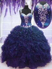 Navy Blue Ball Gowns Straps Sleeveless Tulle Floor Length Zipper Beading and Ruffles Sweet 16 Quinceanera Dress