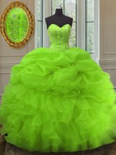 Sleeveless Floor Length Beading and Ruffles and Pick Ups Lace Up Quinceanera Gowns with