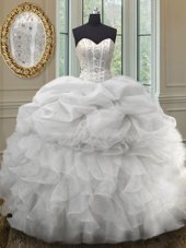 Enchanting Floor Length Lace Up Quinceanera Gowns White and In for Military Ball and Sweet 16 and Quinceanera with Beading and Ruffles and Pick Ups