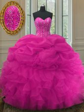 Chic Beading and Ruffles and Pick Ups 15th Birthday Dress Fuchsia Lace Up Sleeveless Floor Length