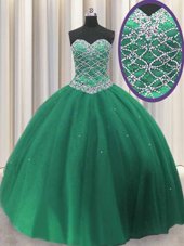 Sweetheart Sleeveless Vestidos de Quinceanera Floor Length Beading and Sequins Dark Green Tulle
