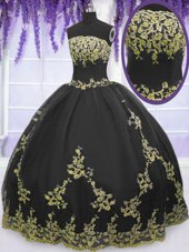 Black Zipper Quinceanera Gowns Appliques Sleeveless Floor Length