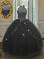 Sumptuous Ball Gowns Sweet 16 Dresses Black High-neck Tulle Sleeveless Floor Length Lace Up