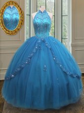 Discount Blue High-neck Neckline Beading and Appliques Sweet 16 Dress Sleeveless Lace Up
