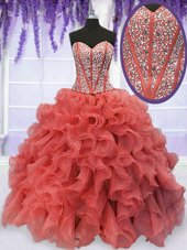 Suitable Coral Red Lace Up Sweetheart Beading and Ruffles 15 Quinceanera Dress Organza Sleeveless