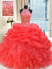 Coral Red Ball Gowns Organza High-neck Sleeveless Beading and Pick Ups Floor Length Lace Up 15th Birthday Dress