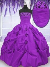 Eggplant Purple Sleeveless Floor Length Embroidery and Pick Ups Lace Up Sweet 16 Quinceanera Dress