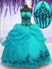 Delicate Turquoise Ball Gowns Strapless Sleeveless Organza Floor Length Lace Up Embroidery Quinceanera Dress