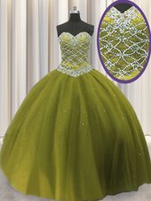 Floor Length Olive Green Quinceanera Dress Tulle Sleeveless Beading