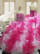 Clearance Pink And White Sleeveless Beading and Ruffles Floor Length Quinceanera Dresses