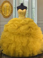 Gold Ball Gowns Sweetheart Sleeveless Organza Floor Length Lace Up Beading and Ruffles and Pick Ups Quince Ball Gowns