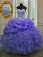 Sweetheart Sleeveless 15th Birthday Dress Floor Length Beading and Ruffles and Pick Ups Lavender Organza