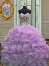 Lilac Sleeveless Organza Lace Up Quinceanera Gown for Military Ball and Sweet 16 and Quinceanera