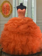 Sleeveless Organza Floor Length Lace Up Ball Gown Prom Dress in Orange Red for with Beading and Ruffles and Pick Ups