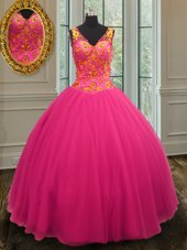 Best Floor Length Hot Pink Quinceanera Gown Tulle Sleeveless Beading