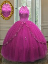 Floor Length Fuchsia Vestidos de Quinceanera Tulle Sleeveless Beading and Appliques