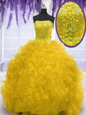 Gold Lace Up Strapless Beading and Ruffles Sweet 16 Dresses Organza Sleeveless Brush Train