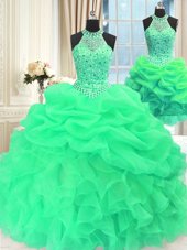 Great Three Piece High-neck Sleeveless Quince Ball Gowns Floor Length Beading and Pick Ups Green Organza