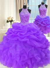 Three Piece Pick Ups High-neck Sleeveless Lace Up Quinceanera Gown Eggplant Purple Organza