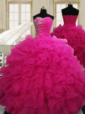 Hot Pink Ball Gowns Beading Quince Ball Gowns Zipper Organza Sleeveless Floor Length