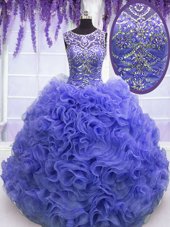 Scoop Purple Sleeveless Organza Lace Up Quince Ball Gowns for Military Ball and Sweet 16 and Quinceanera