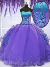 Lovely Floor Length Lavender Sweet 16 Quinceanera Dress Organza Sleeveless Embroidery and Ruffles