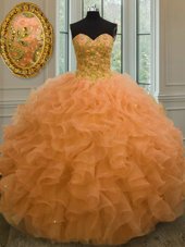 Smart Sleeveless Floor Length Beading and Ruffles Lace Up 15 Quinceanera Dress with Orange