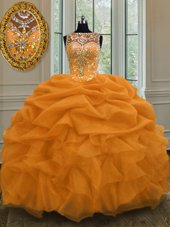 Customized Scoop Sleeveless Quinceanera Gown Floor Length Beading and Pick Ups Gold Organza