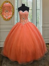 Floor Length Lace Up Vestidos de Quinceanera Orange Red and In for Military Ball and Sweet 16 and Quinceanera with Sequins