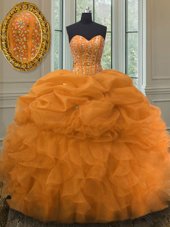 Fitting Sleeveless Beading and Ruffles and Pick Ups Lace Up Quince Ball Gowns