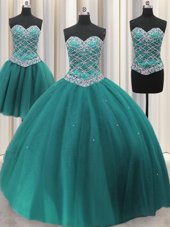 Three Piece Sequins Sweetheart Sleeveless Lace Up 15 Quinceanera Dress Teal Tulle