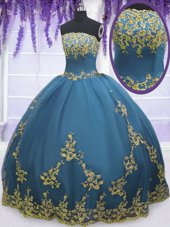 Sleeveless Tulle Floor Length Zipper Sweet 16 Quinceanera Dress in Teal for with Lace and Appliques