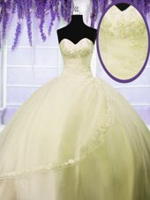Super Light Yellow Ball Gowns Tulle Sweetheart Sleeveless Appliques Floor Length Lace Up Quinceanera Dresses