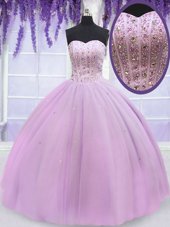 Delicate Lilac Lace Up Quinceanera Gown Beading Sleeveless Floor Length