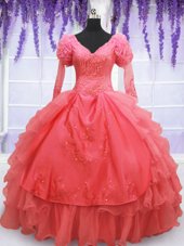 Organza V-neck Long Sleeves Lace Up Beading and Embroidery Quince Ball Gowns in Coral Red