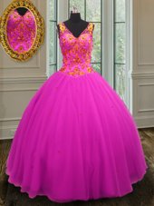 Extravagant Ball Gowns Vestidos de Quinceanera Fuchsia V-neck Tulle Sleeveless Floor Length Zipper