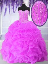Modern Hot Pink Lace Up Sweetheart Ruffles and Sequins Quinceanera Gown Organza Sleeveless