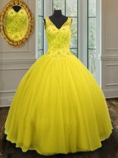 Floor Length Ball Gowns Sleeveless Yellow Quinceanera Dresses Zipper