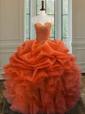 Orange Red Ball Gowns Sweetheart Sleeveless Organza Floor Length Lace Up Beading and Ruffles 15 Quinceanera Dress